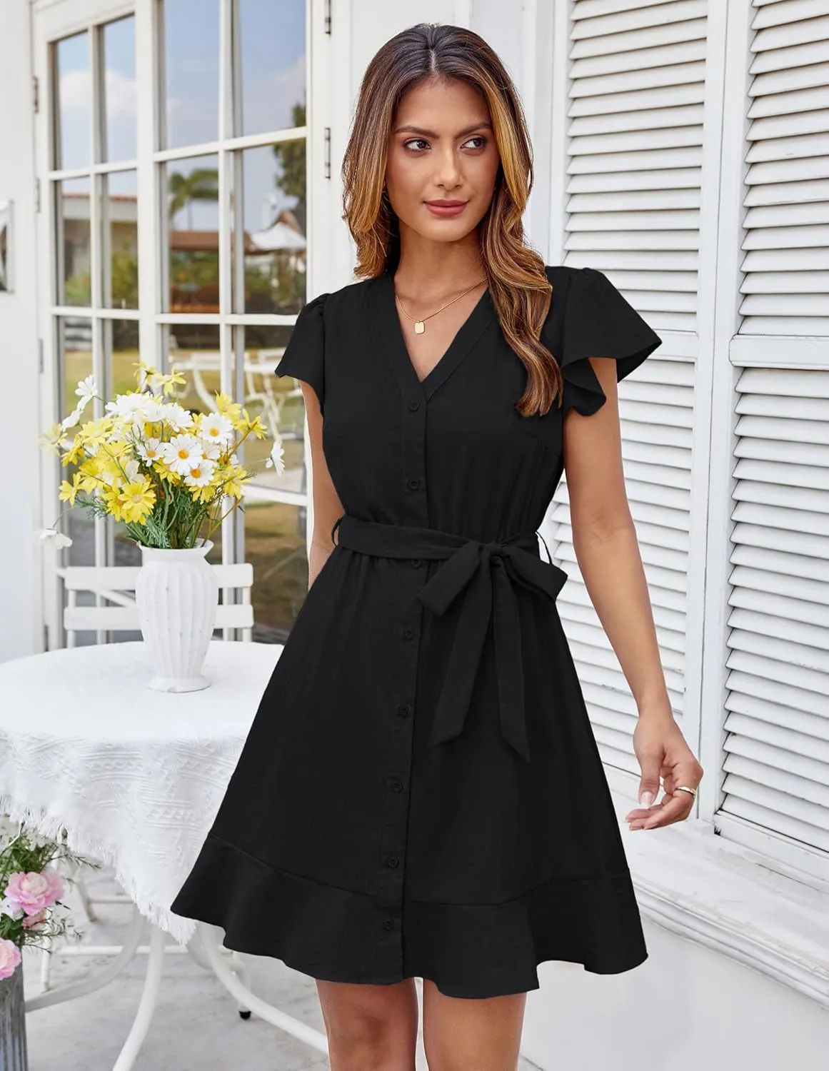 GRACE KARIN Women's Casual Dresses 2025 Summer Ruffle Cap Sleeves Button Down Tie Waist Swing Sundress