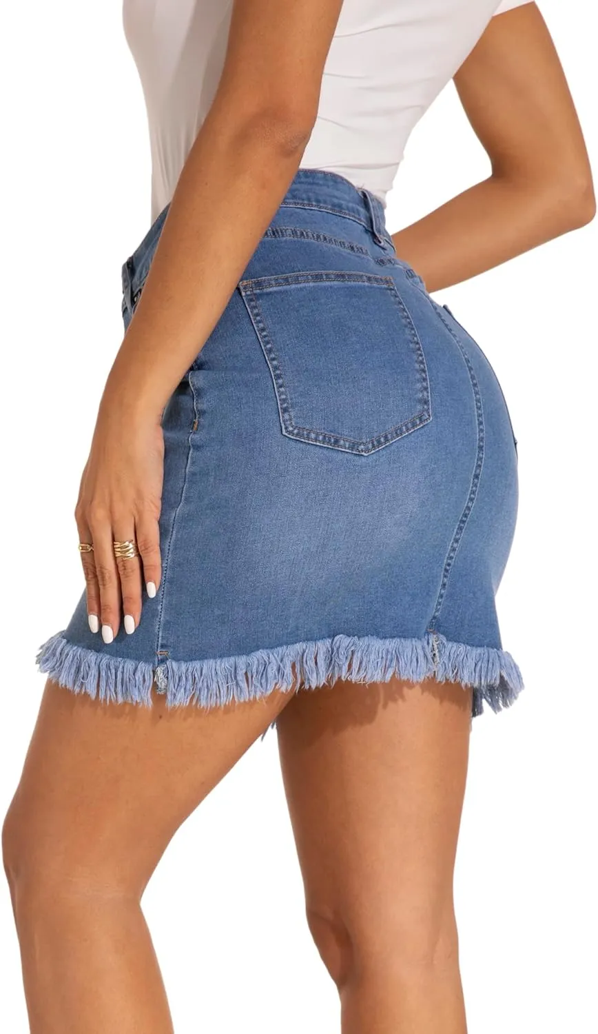 GUANYY Womens Denim Skirt Raw Hem Bodycon Stretch Casual High Waisted Jean Mini Skirt