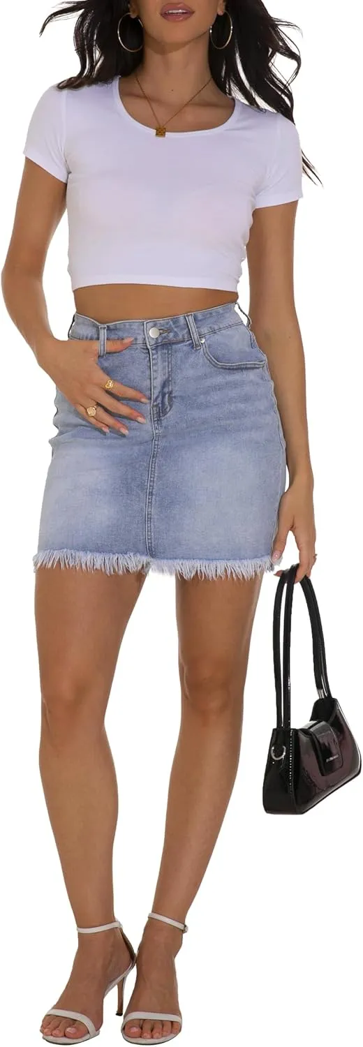 GUANYY Womens Denim Skirt Raw Hem Bodycon Stretch Casual High Waisted Jean Mini Skirt