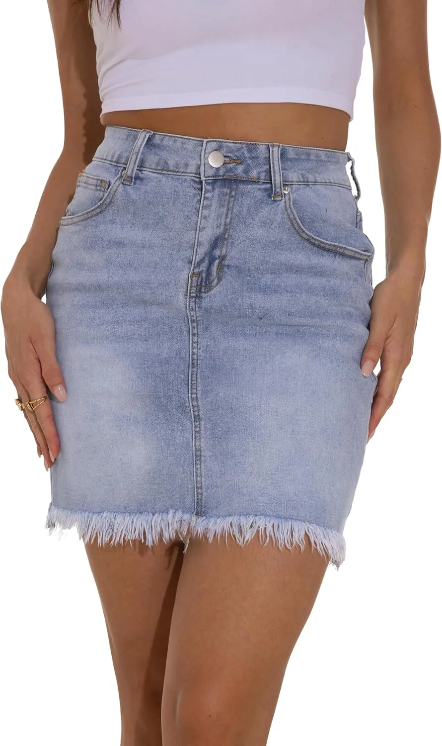 GUANYY Womens Denim Skirt Raw Hem Bodycon Stretch Casual High Waisted Jean Mini Skirt