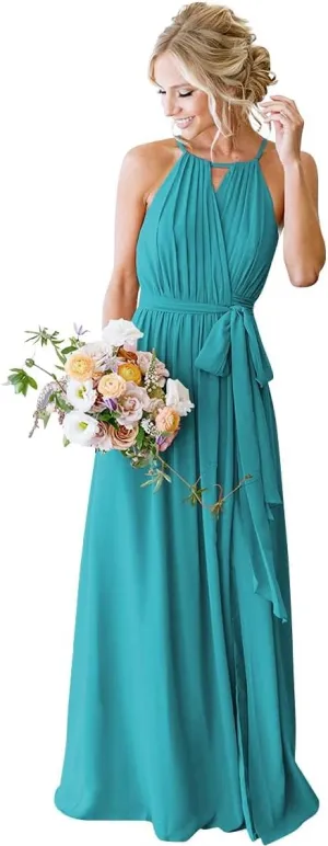 Halter Chiffon Bridesmaid Dresses for Wedding 2024 A Line Long Formal Evening Prom Party Gown MRX31