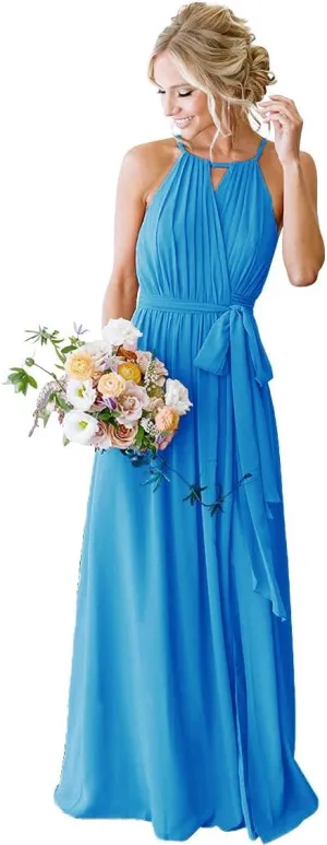 Halter Chiffon Bridesmaid Dresses for Wedding 2024 A Line Long Formal Evening Prom Party Gown MRX31