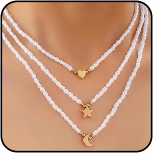 Heart Moon Star Pearl Choker Necklaces Set for Women Stacked Love Pearls Pendant Necklaces Adjustable Crescent Beaded Necklaces Jewelry Accessories