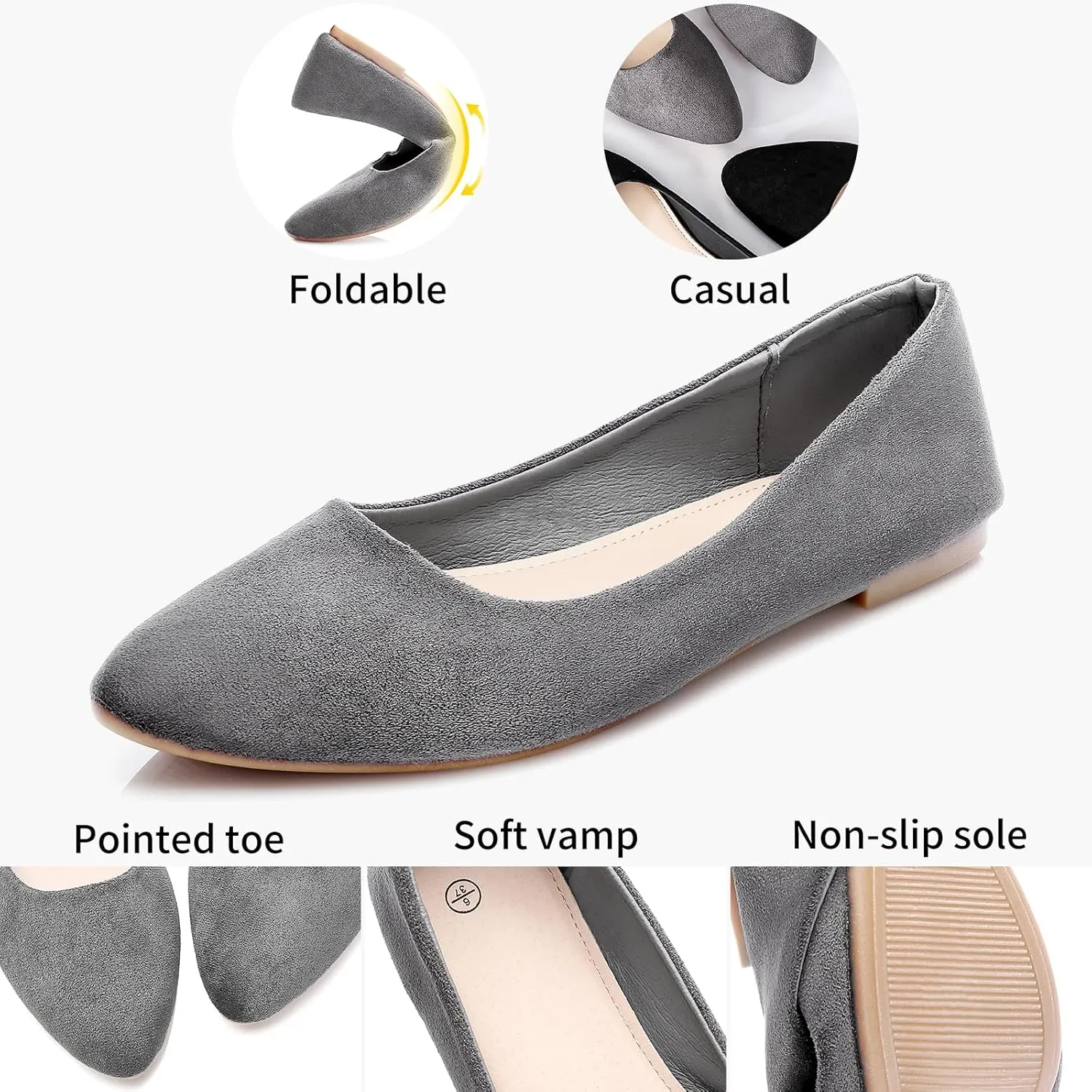 HEAWISH Women??s Black Flats Shoes Comfortable Suede Pointed Toe Slip On Casual Ballet Flats Dress Shoes Nude Flats