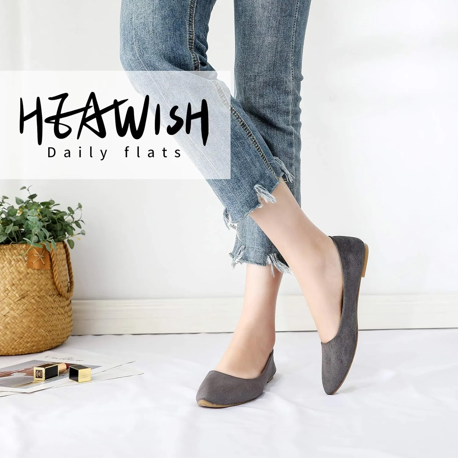 HEAWISH Women??s Black Flats Shoes Comfortable Suede Pointed Toe Slip On Casual Ballet Flats Dress Shoes Nude Flats
