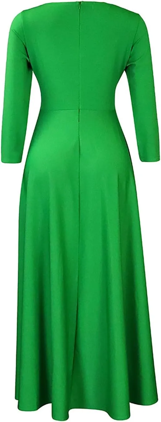 HGps8w Plus Size Women Elegant Belted High Waist Midi Dresses - Formal Solid Long Sleeve Wedding Guests Dress with Pockets