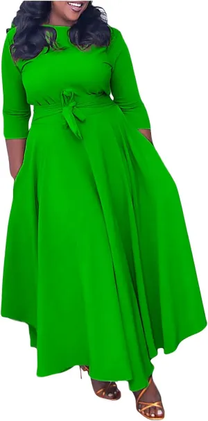 HGps8w Plus Size Women Elegant Belted High Waist Midi Dresses - Formal Solid Long Sleeve Wedding Guests Dress with Pockets