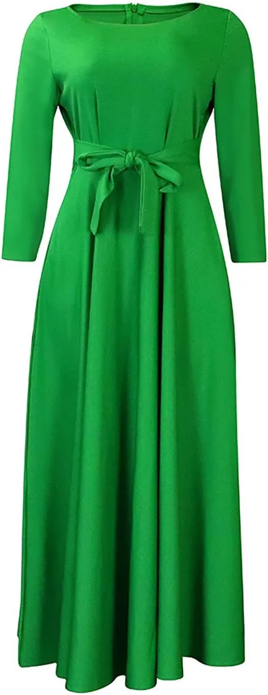 HGps8w Plus Size Women Elegant Belted High Waist Midi Dresses - Formal Solid Long Sleeve Wedding Guests Dress with Pockets