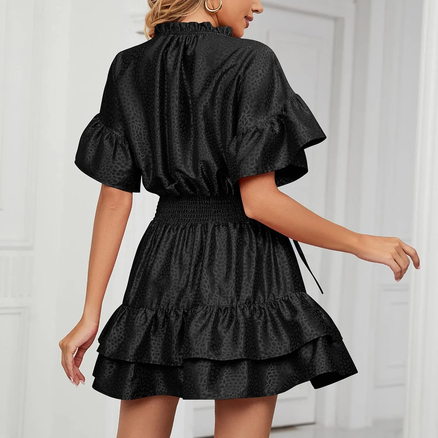 HGps8w Women Cute Summer Satin Dresses Lace-up V Neck Short Sleeve High Waist Ruffle Tiered A Line Swing Tunic Mini Dress