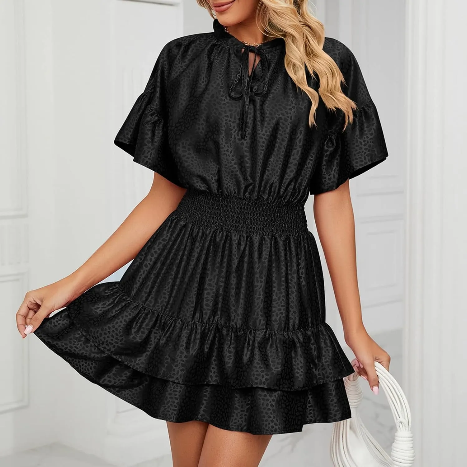 HGps8w Women Cute Summer Satin Dresses Lace-up V Neck Short Sleeve High Waist Ruffle Tiered A Line Swing Tunic Mini Dress