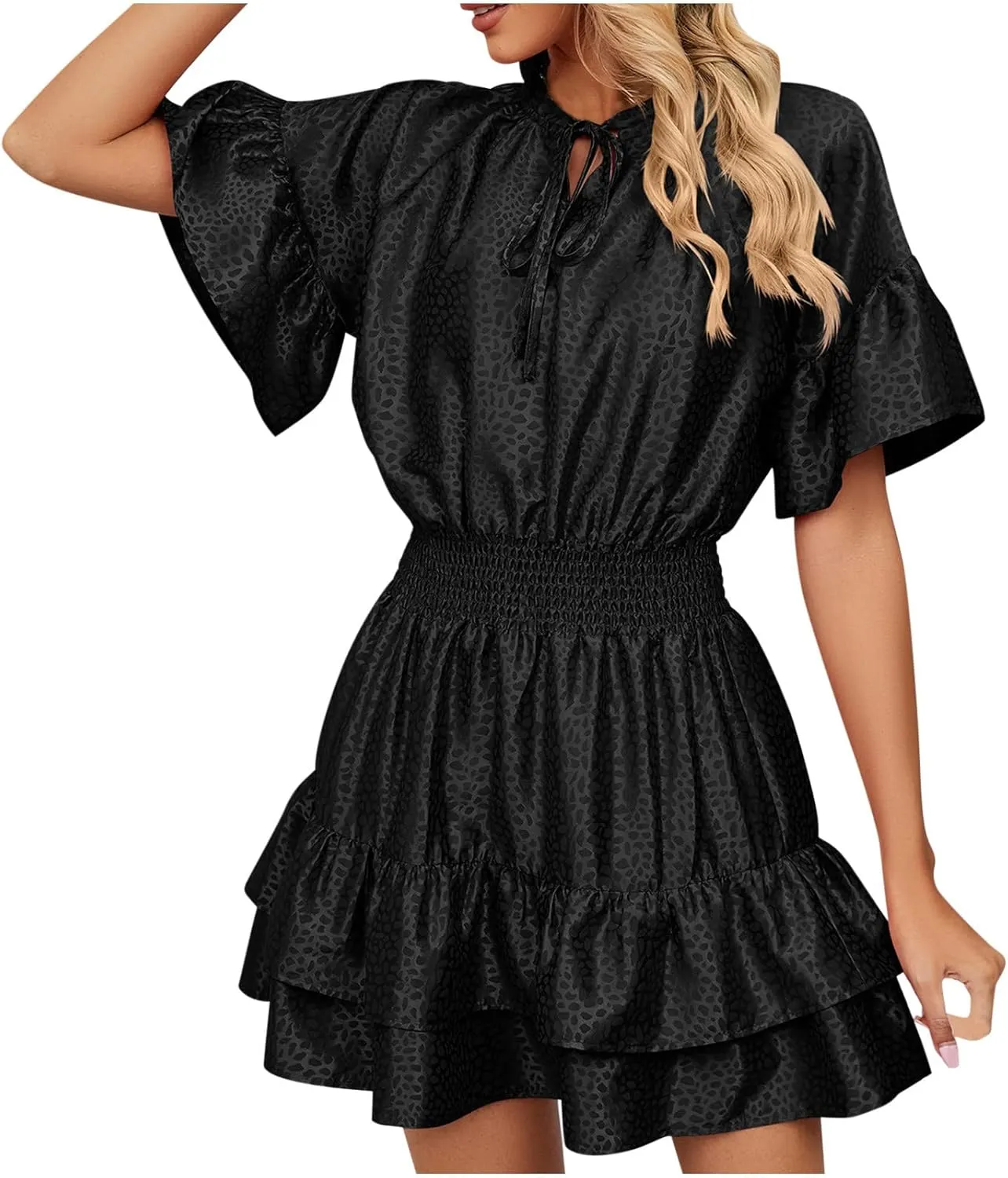 HGps8w Women Cute Summer Satin Dresses Lace-up V Neck Short Sleeve High Waist Ruffle Tiered A Line Swing Tunic Mini Dress