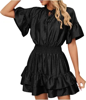 HGps8w Women Cute Summer Satin Dresses Lace-up V Neck Short Sleeve High Waist Ruffle Tiered A Line Swing Tunic Mini Dress
