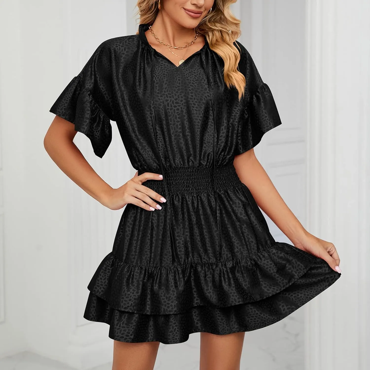HGps8w Women Cute Summer Satin Dresses Lace-up V Neck Short Sleeve High Waist Ruffle Tiered A Line Swing Tunic Mini Dress