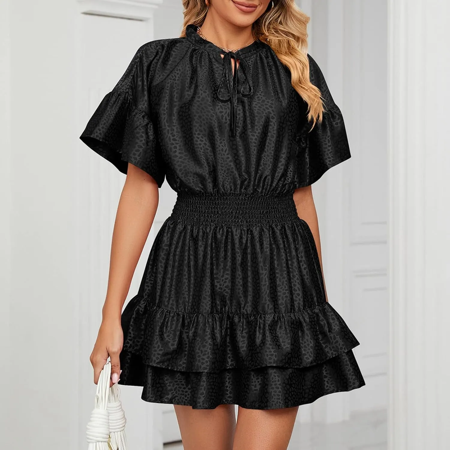 HGps8w Women Cute Summer Satin Dresses Lace-up V Neck Short Sleeve High Waist Ruffle Tiered A Line Swing Tunic Mini Dress