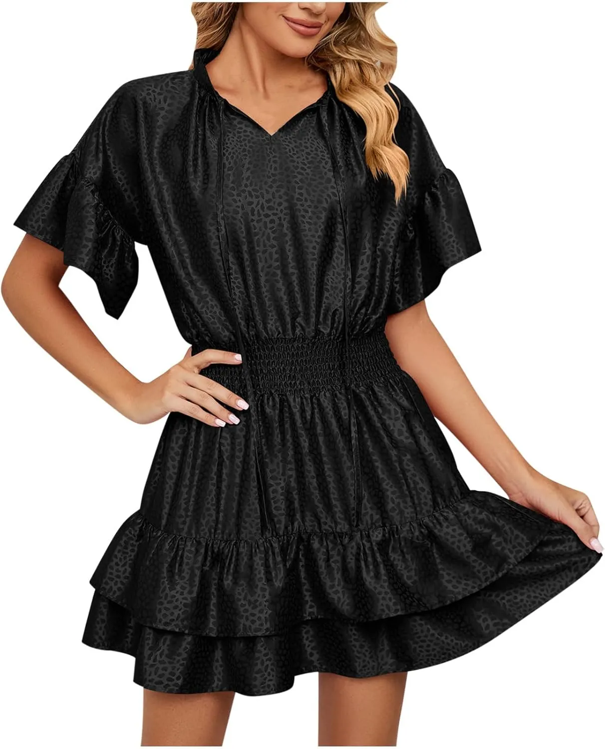 HGps8w Women Cute Summer Satin Dresses Lace-up V Neck Short Sleeve High Waist Ruffle Tiered A Line Swing Tunic Mini Dress