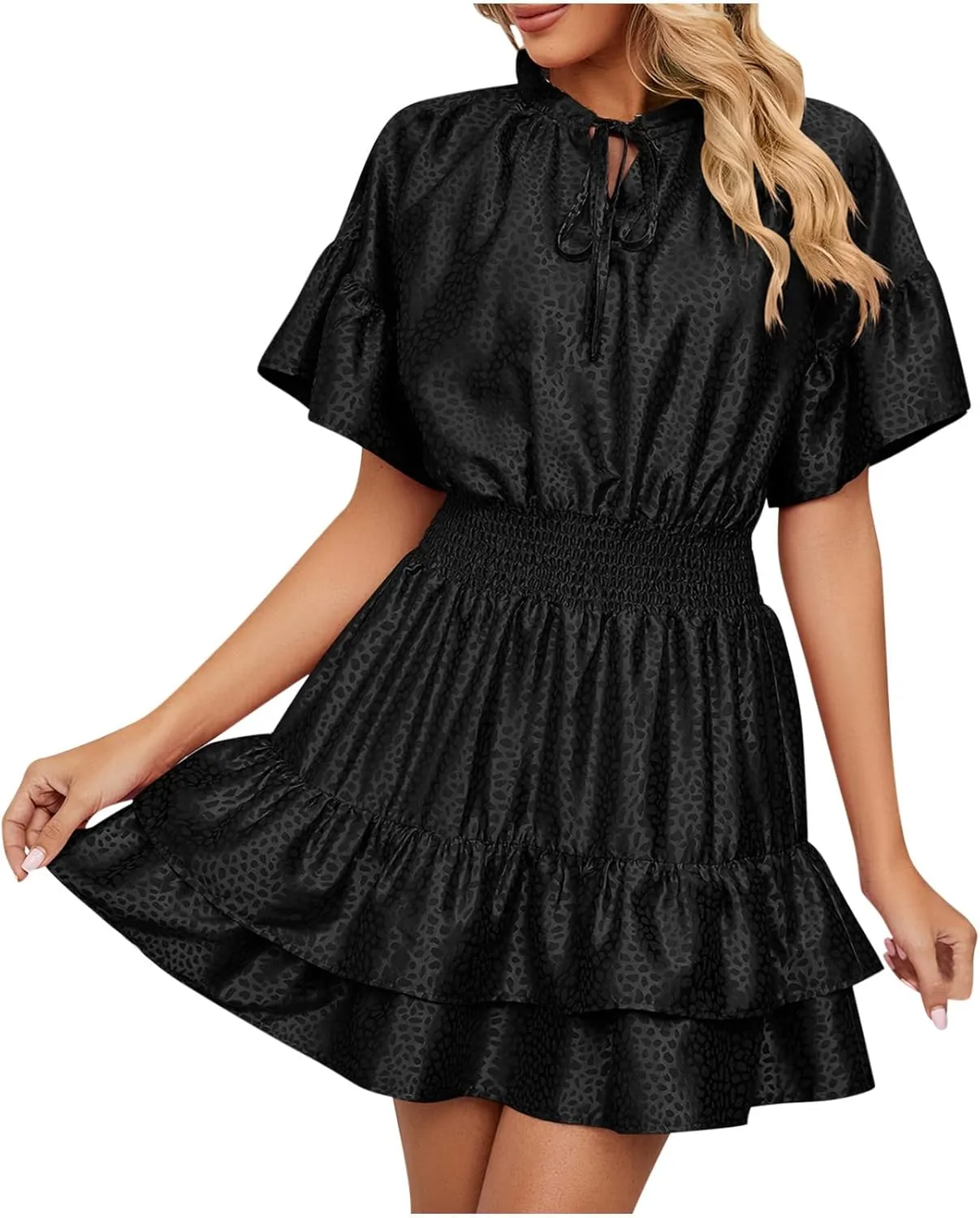 HGps8w Women Cute Summer Satin Dresses Lace-up V Neck Short Sleeve High Waist Ruffle Tiered A Line Swing Tunic Mini Dress