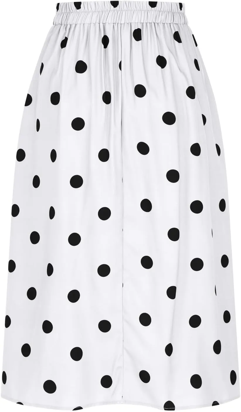 HGps8w Women Vintage Polka Dots Skirt High Waist Pleated Skirt Midi A-Line Business Casual Skirts with Pockets
