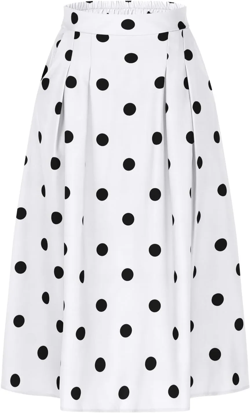 HGps8w Women Vintage Polka Dots Skirt High Waist Pleated Skirt Midi A-Line Business Casual Skirts with Pockets
