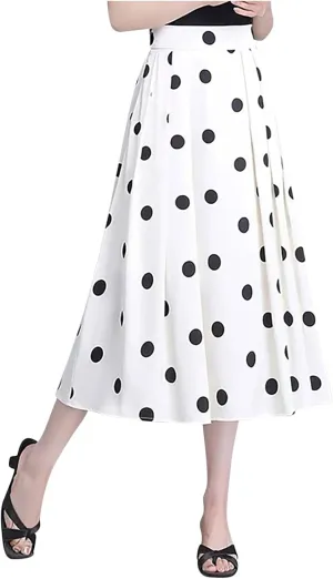 HGps8w Women Vintage Polka Dots Skirt High Waist Pleated Skirt Midi A-Line Business Casual Skirts with Pockets