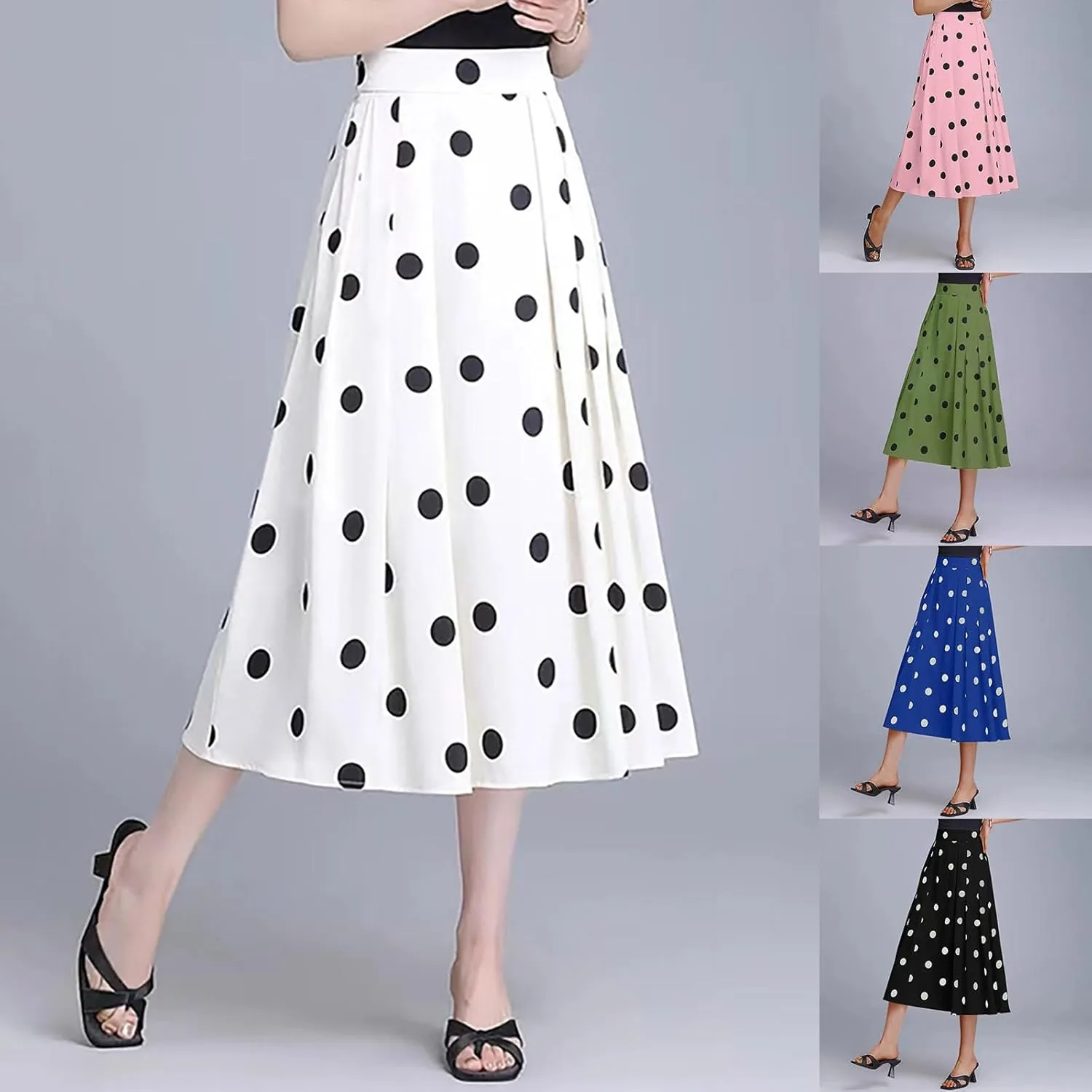 HGps8w Women Vintage Polka Dots Skirt High Waist Pleated Skirt Midi A-Line Business Casual Skirts with Pockets