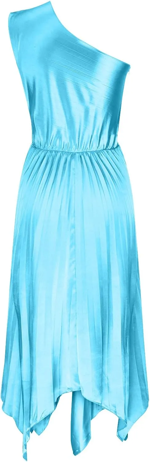 HGps8w Women's 2025 Summer Satin Dress Elegant One Shoulder Sleeveless Pleated Wedding Guest Cocktail Party Midi Dresses