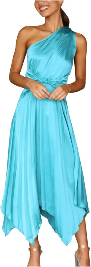 HGps8w Women's 2025 Summer Satin Dress Elegant One Shoulder Sleeveless Pleated Wedding Guest Cocktail Party Midi Dresses