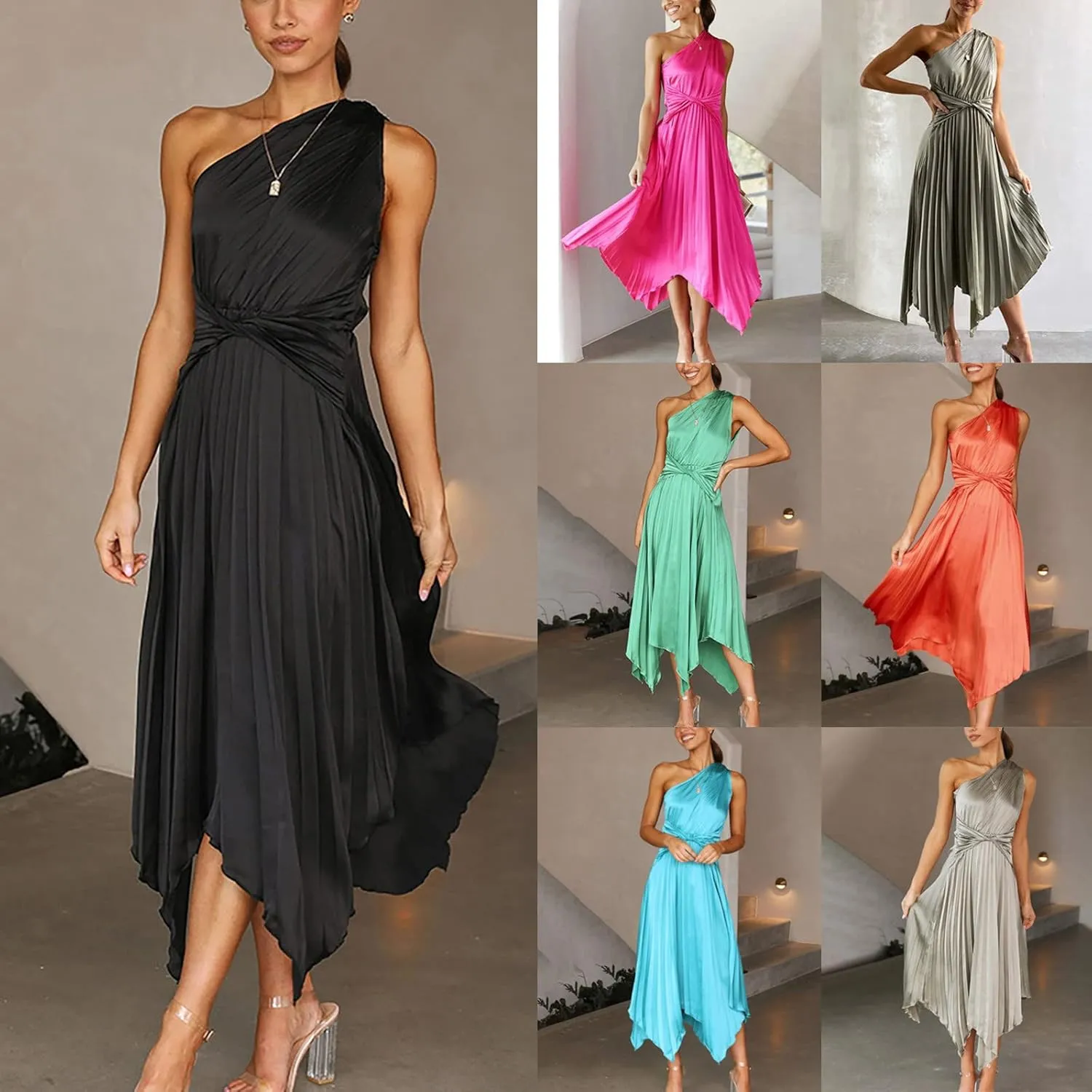 HGps8w Women's 2025 Summer Satin Dress Elegant One Shoulder Sleeveless Pleated Wedding Guest Cocktail Party Midi Dresses