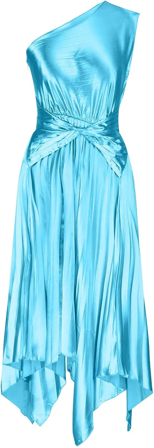 HGps8w Women's 2025 Summer Satin Dress Elegant One Shoulder Sleeveless Pleated Wedding Guest Cocktail Party Midi Dresses