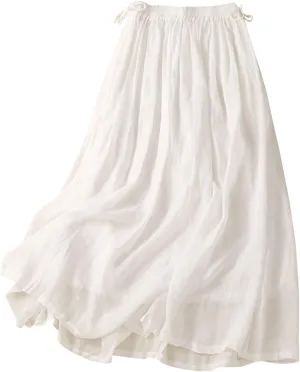 HGps8w Womens Cotton Linen Drawstring Maxi Skirt Lightweight Casual Summer Elastic High Waisted A-line Swing Skirts