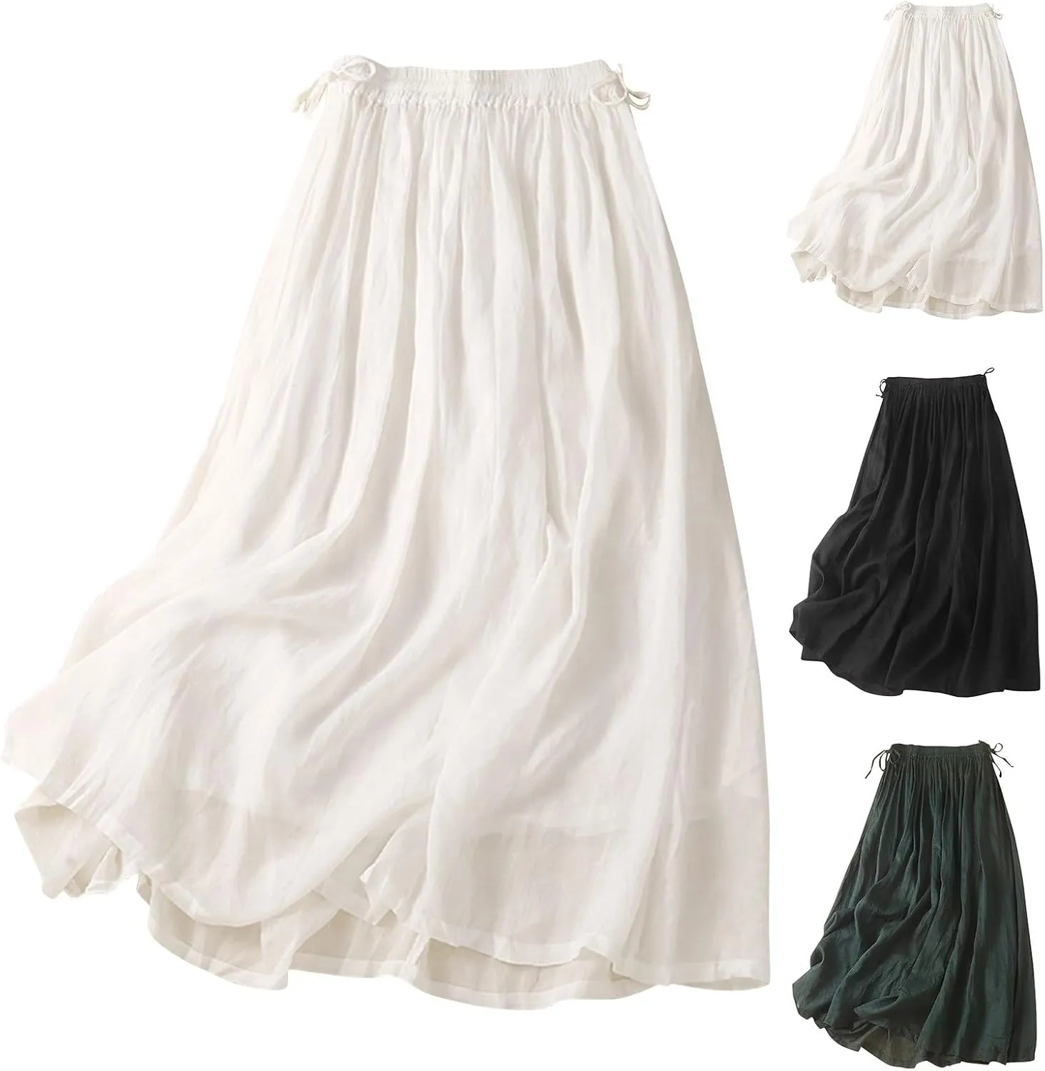 HGps8w Womens Cotton Linen Drawstring Maxi Skirt Lightweight Casual Summer Elastic High Waisted A-line Swing Skirts