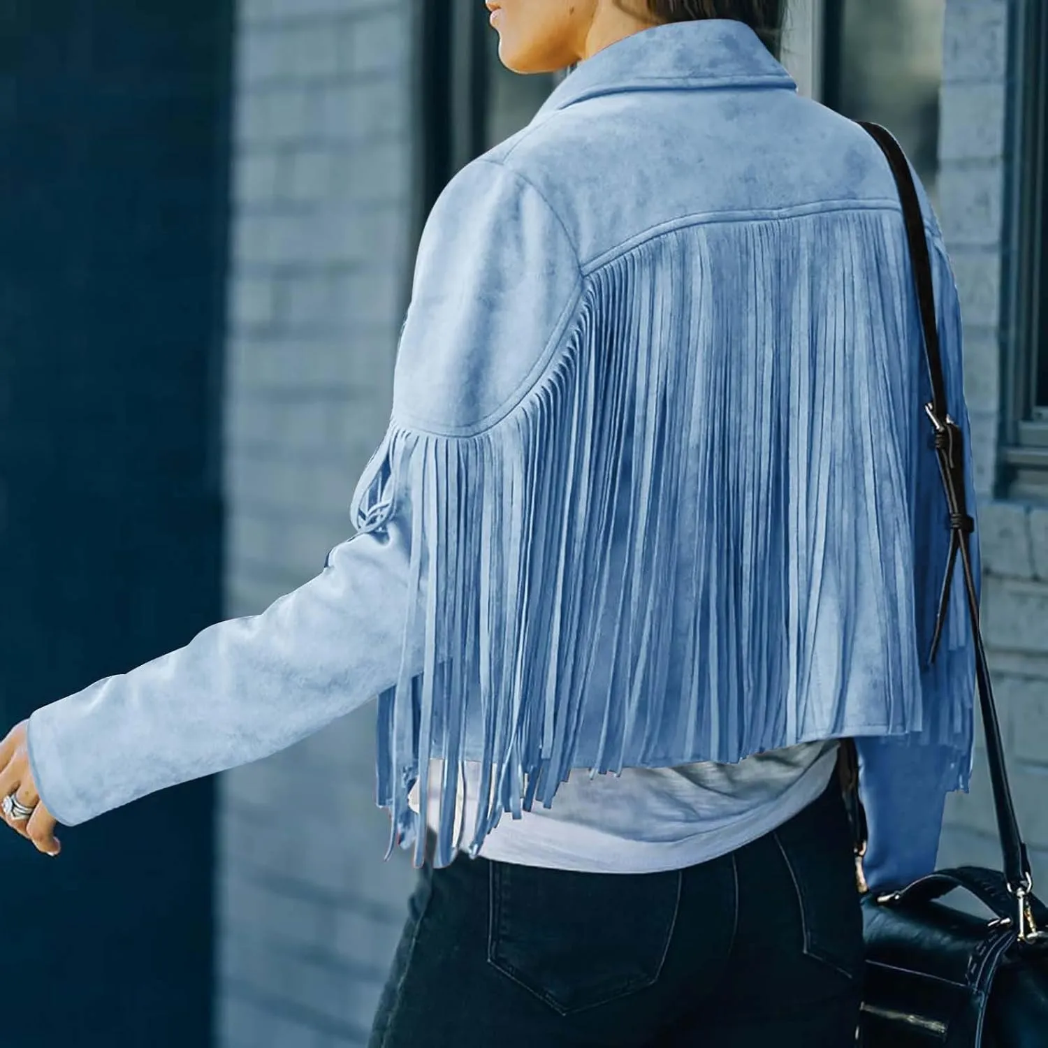 HGps8w Women's Faux Suede Fringe Jacket Long Sleeve Slim Faux Leather Boyfriend Cropped Moto Coat Outwear