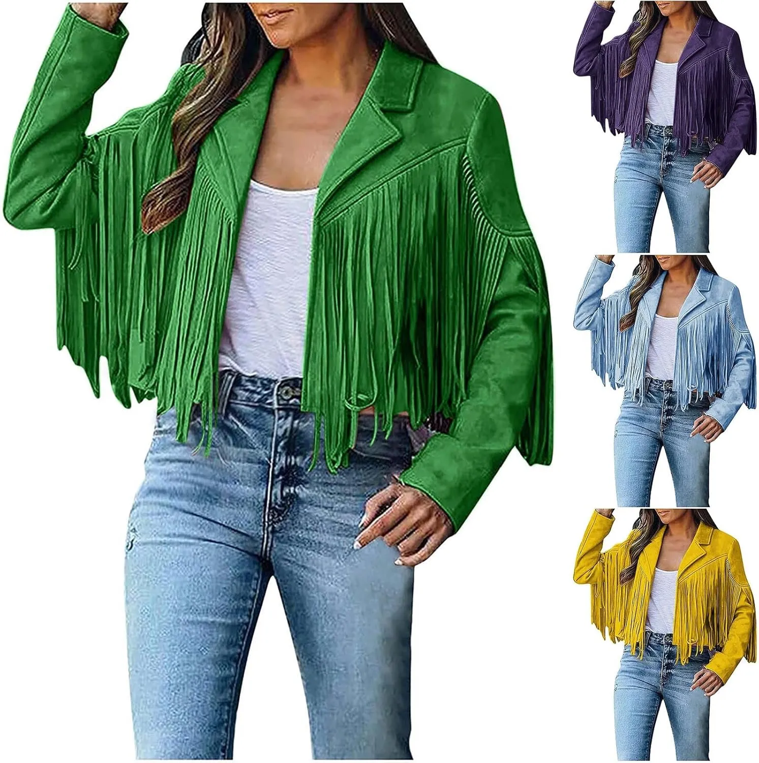 HGps8w Women's Faux Suede Fringe Jacket Long Sleeve Slim Faux Leather Boyfriend Cropped Moto Coat Outwear
