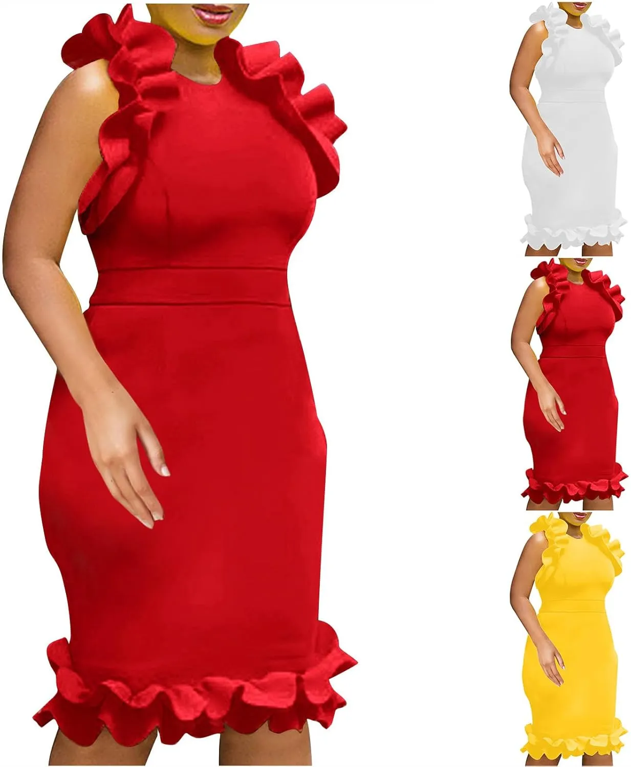 HGps8w Womens Plus Size Office Dress Long Elegant Ruffle Sleeveless Wedding Guest Dresses Formal Party Pencil Midi Dress
