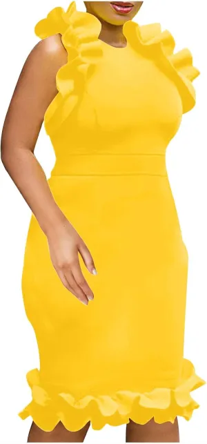 HGps8w Womens Plus Size Office Dress Long Elegant Ruffle Sleeveless Wedding Guest Dresses Formal Party Pencil Midi Dress