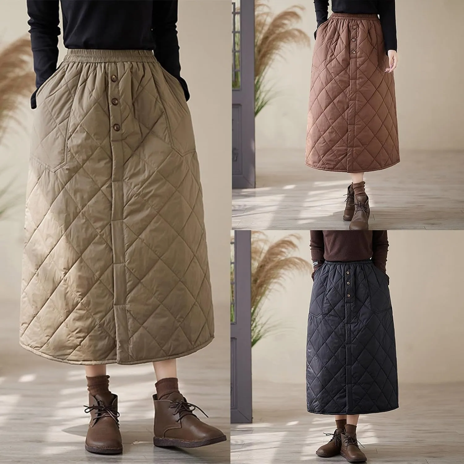 HGps8w Women's Winter Quilted Skirt, Loose Elastic Waist Casual Insulated Thicken Warm Maxi Long Down Skirts with Pockets