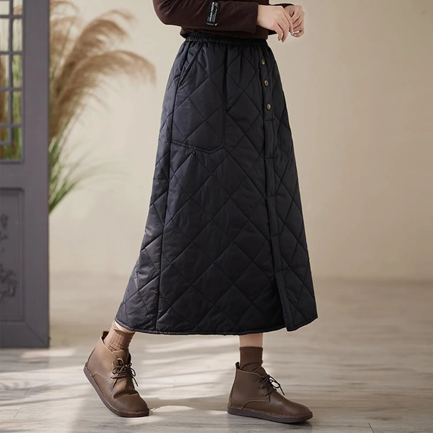 HGps8w Women's Winter Quilted Skirt, Loose Elastic Waist Casual Insulated Thicken Warm Maxi Long Down Skirts with Pockets