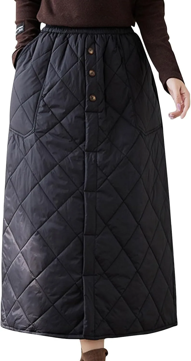 HGps8w Women's Winter Quilted Skirt, Loose Elastic Waist Casual Insulated Thicken Warm Maxi Long Down Skirts with Pockets