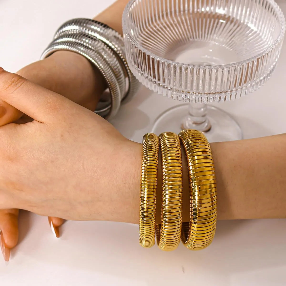 HIIXHC 18K Gold Plated Bracelets Set for Women Flexible Snake Chain Stackable Bracelets Wristband Bangle Chunky Bracelets for Women