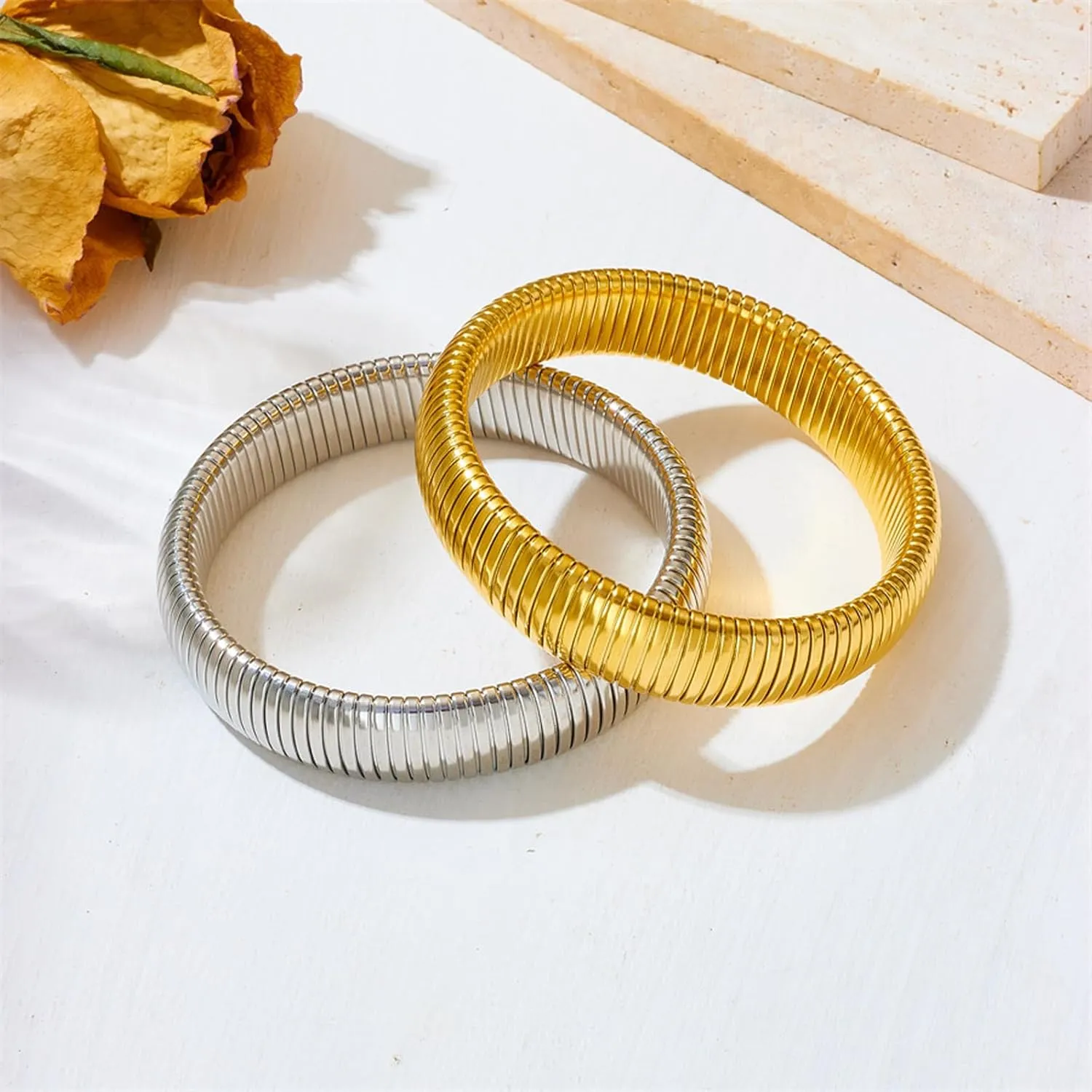 HIIXHC 18K Gold Plated Bracelets Set for Women Flexible Snake Chain Stackable Bracelets Wristband Bangle Chunky Bracelets for Women