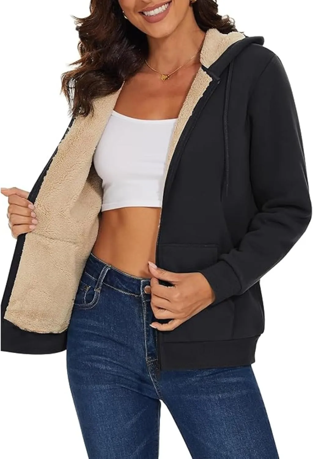 Hoodies for Women Winter Fleece Sweatshirts Full Zip Up Thick Sherpa Lined Hooded Jacket Daily Casual Fashion Coats