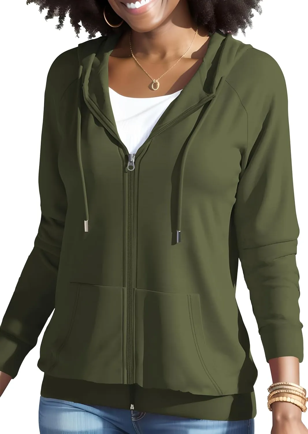 HTD Women Casual Full Zip Up Hoodie Basic Lightweight Long Sleeve Sweatshirt Solid Color Jacket With Pockets