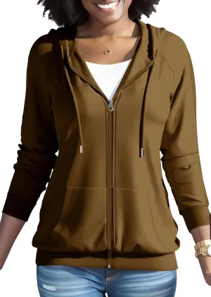 HTD Women Casual Full Zip Up Hoodie Basic Lightweight Long Sleeve Sweatshirt Solid Color Jacket With Pockets