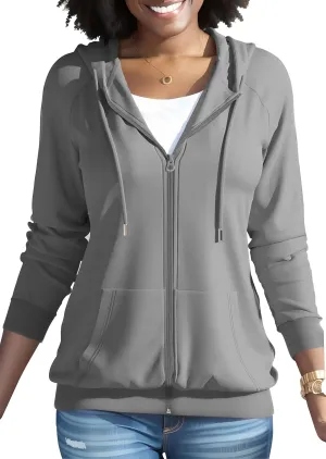 HTD Women Casual Full Zip Up Hoodie Basic Lightweight Long Sleeve Sweatshirt Solid Color Jacket With Pockets