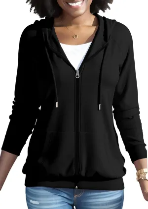 HTD Women Casual Full Zip Up Hoodie Basic Lightweight Long Sleeve Sweatshirt Solid Color Jacket With Pockets