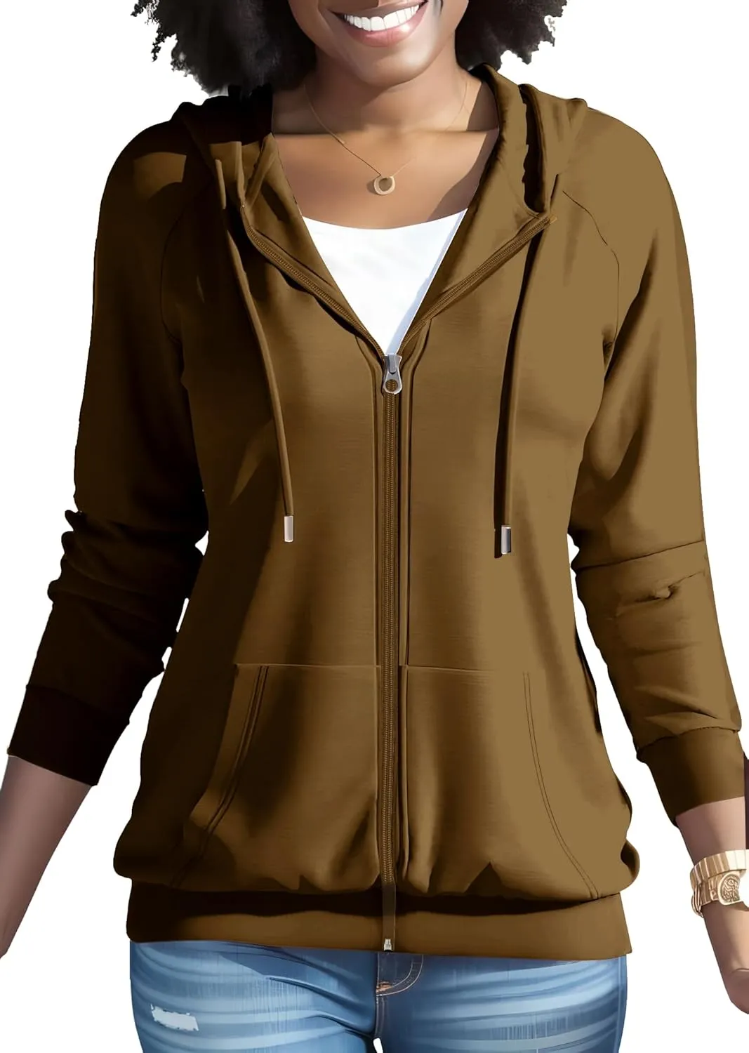 HTD Women Casual Full Zip Up Hoodie Basic Lightweight Long Sleeve Sweatshirt Solid Color Jacket With Pockets