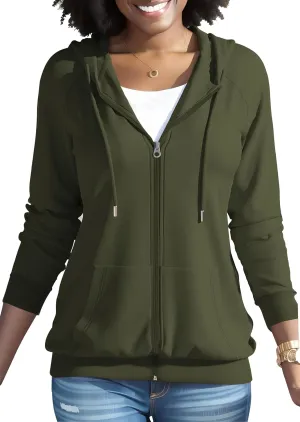 HTD Women Casual Full Zip Up Hoodie Basic Lightweight Long Sleeve Sweatshirt Solid Color Jacket With Pockets