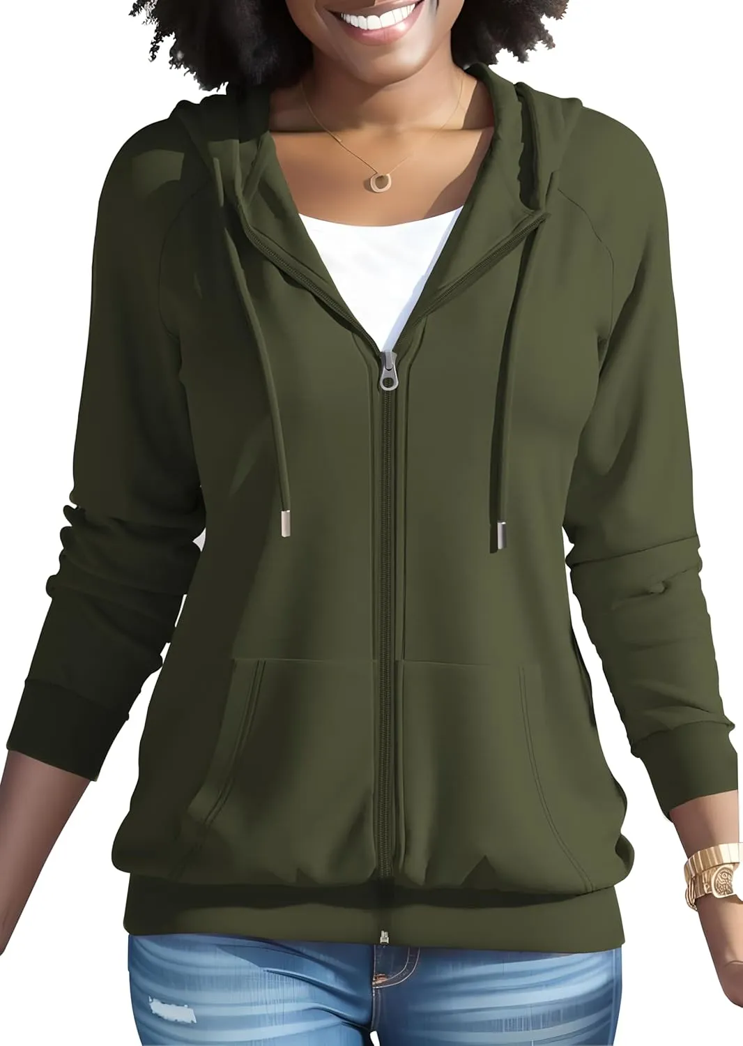 HTD Women Casual Full Zip Up Hoodie Basic Lightweight Long Sleeve Sweatshirt Solid Color Jacket With Pockets