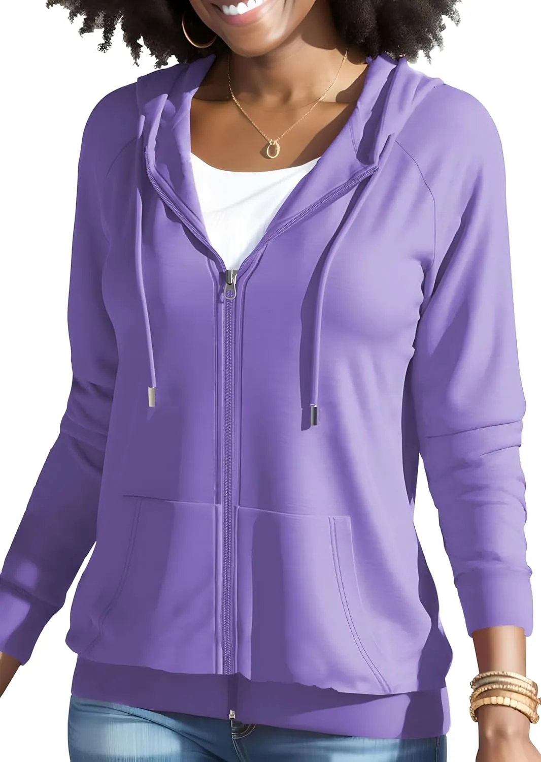 HTD Women Casual Full Zip Up Hoodie Basic Lightweight Long Sleeve Sweatshirt Solid Color Jacket With Pockets