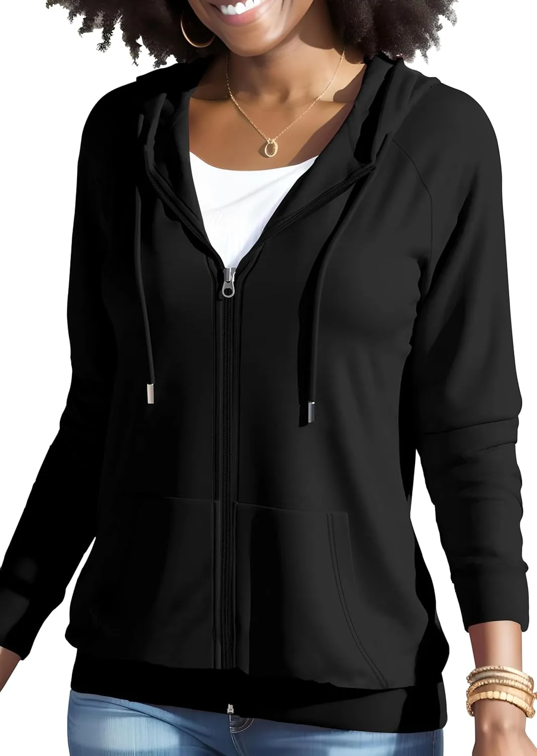 HTD Women Casual Full Zip Up Hoodie Basic Lightweight Long Sleeve Sweatshirt Solid Color Jacket With Pockets