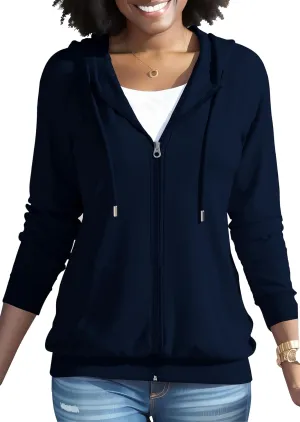 HTD Women Casual Full Zip Up Hoodie Basic Lightweight Long Sleeve Sweatshirt Solid Color Jacket With Pockets